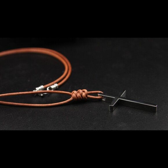 Titanium Steel Cross † on Hand Knotted Brown Leather Necklace - Picture 2 of 6